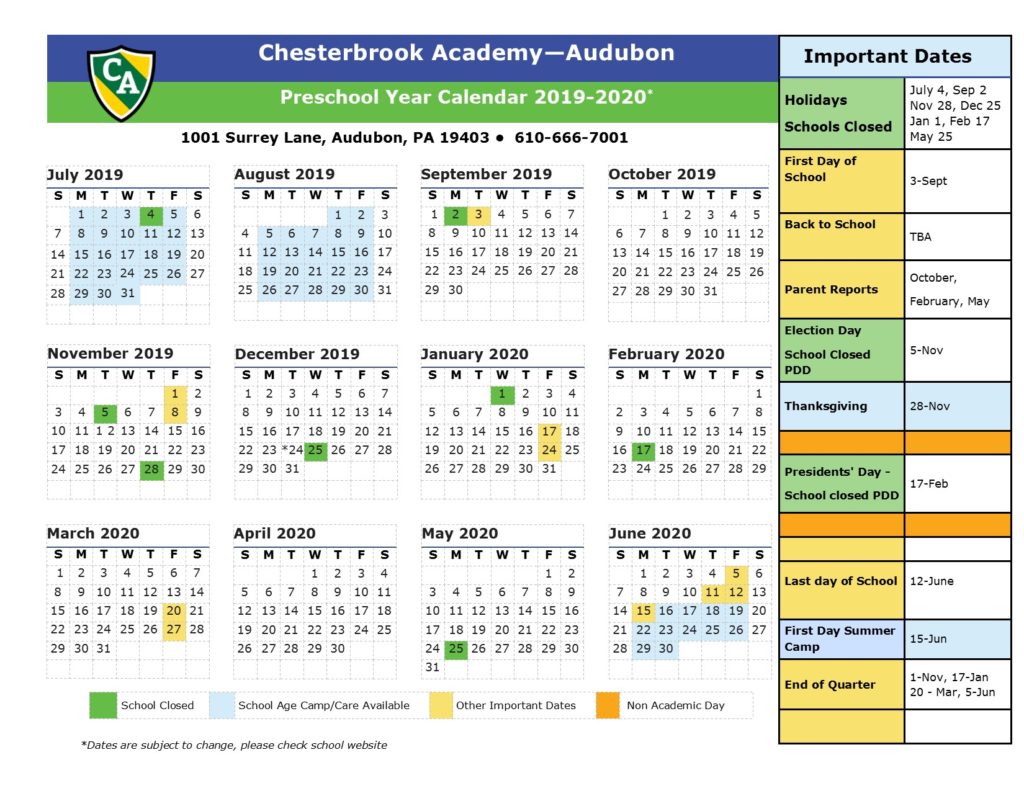 School Year Calendar Chesterbrook Academy Audubon, PA