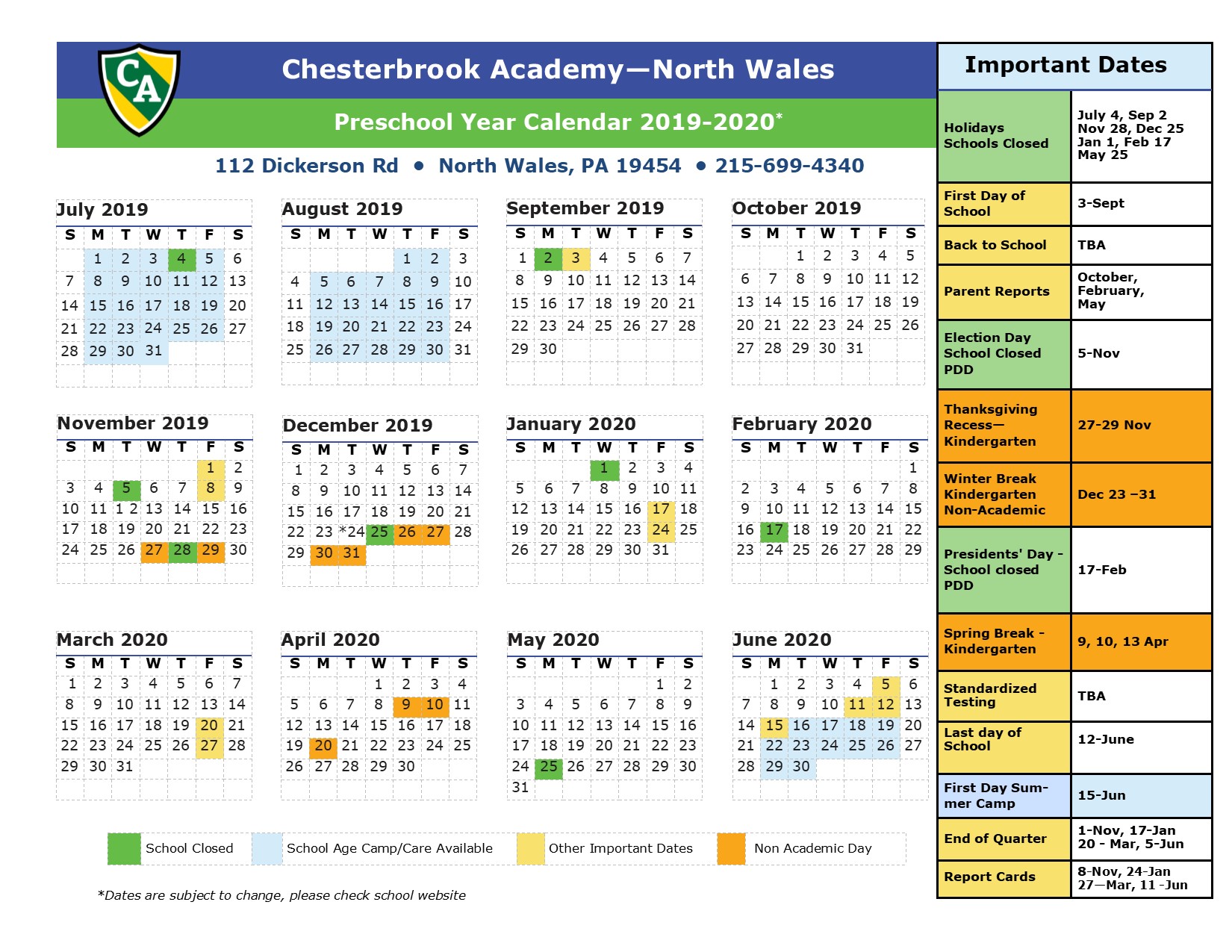 School Year Calendar Chesterbrook Academy North Wales, PA