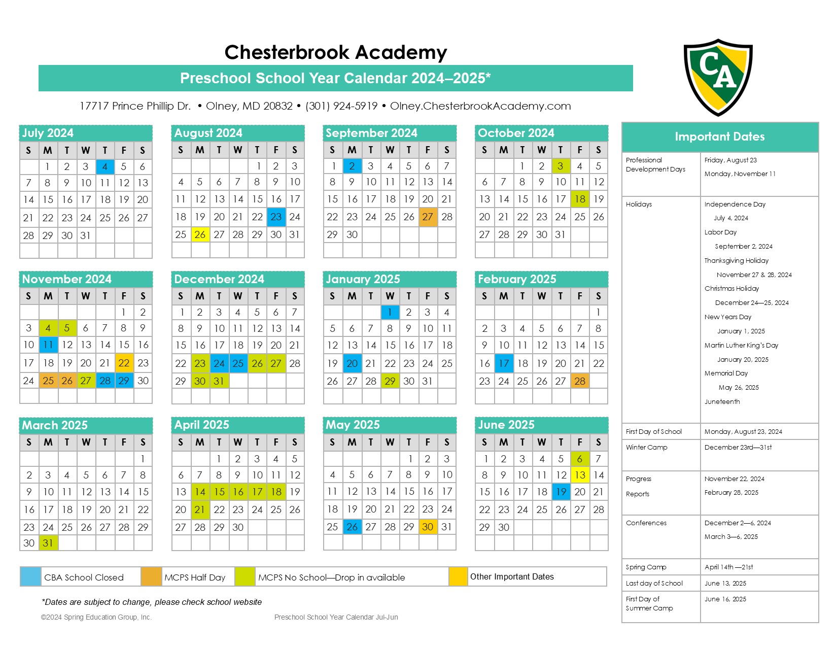 School Year Calendar Chesterbrook Academy Olney, MD